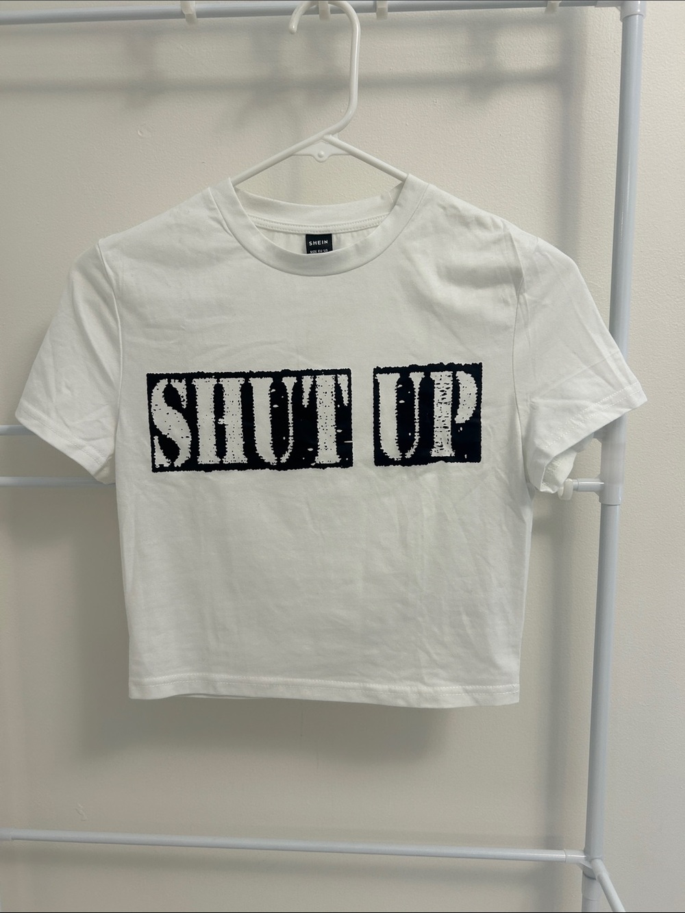 SHEIN White Tee with Black 'SHUT UP' Block Graphic
